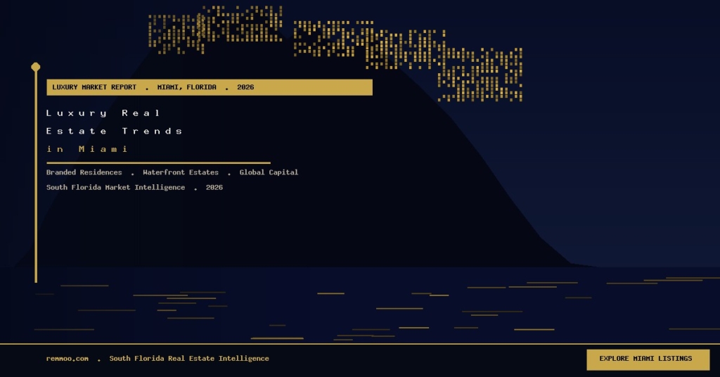 Cover of a luxury market report: ‘Luxury Market Report – Miami, Florida – 2026’ on a dark navy background with gold accent lines and text.