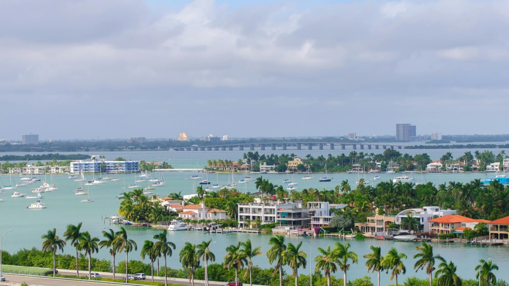 Coastal city skyline with a marina, palm-lined foreground, calm turquoise water, and a distant bridge under a cloudy sky to the horizon.